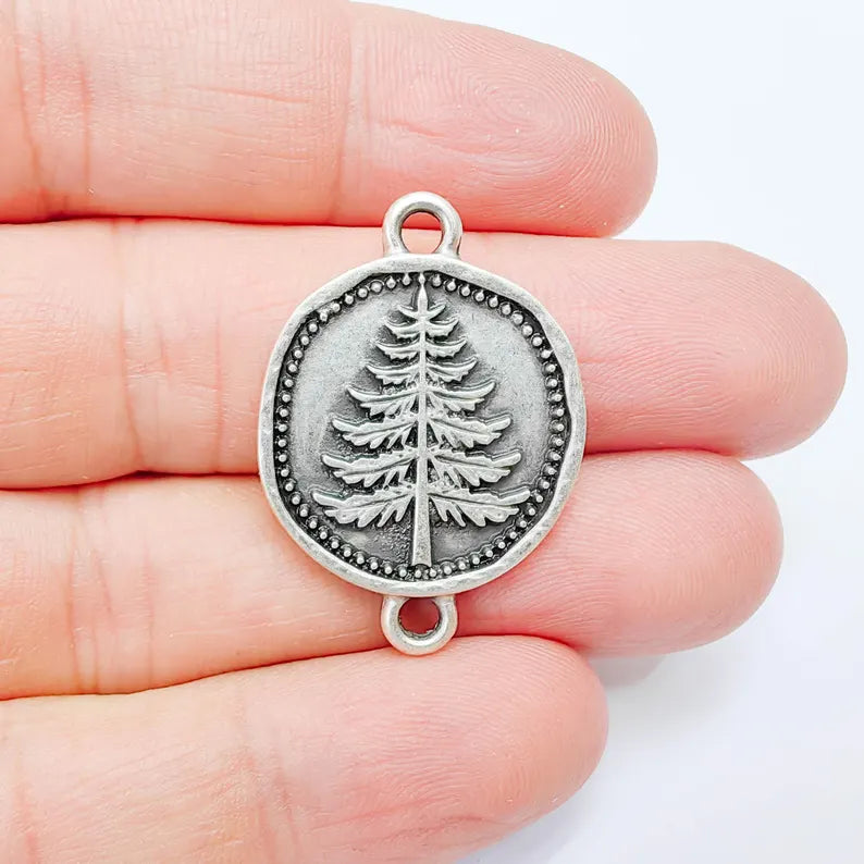 Pine Tree Charm Connector, Botanical Nature Symbol Design, Antique Silver Plated 34x24mm, G37779