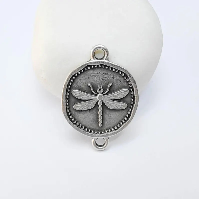 Dragonfly Charm Connector, Round Insect Motif Design, Antique Silver Plated, Double Loop, 34x24mm, G37783