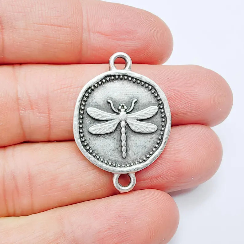 Dragonfly Charm Connector, Round Insect Motif Design, Antique Silver Plated, Double Loop, 34x24mm, G37783