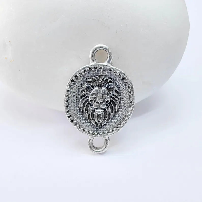 4 Lion Head Connector Charm, Animal Symbol Design, Oval Shape, Double Sided, 20x13mm, G37786