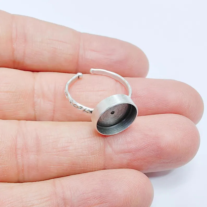 Adjustable Ring Base with Round Bezel Setting, Antique Silver Plated Brass, 12mm, G37795