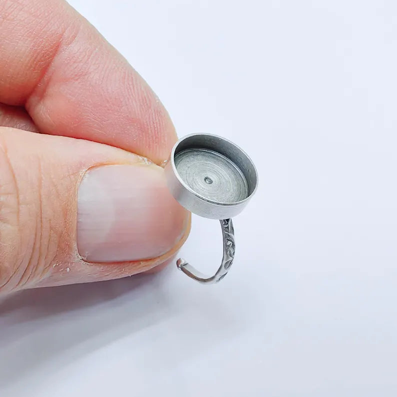 Adjustable Ring Base with Round Bezel Setting, Antique Silver Plated Brass, 12mm, G37795