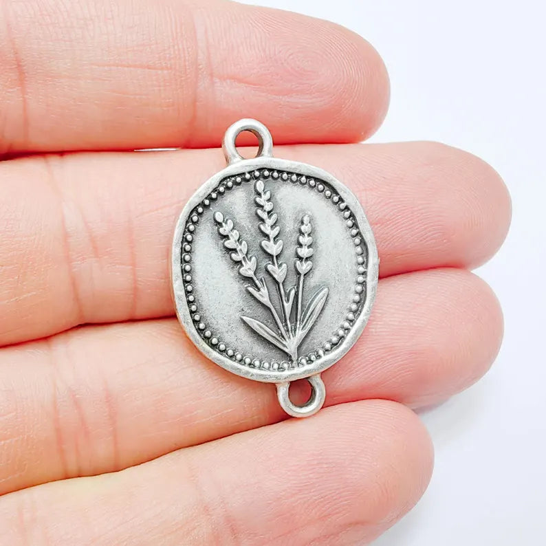 Lavender Flower Connector Charm, Botanical Floral Design, Antique Silver Plated, Oval Shape, 34x24mm, G37787