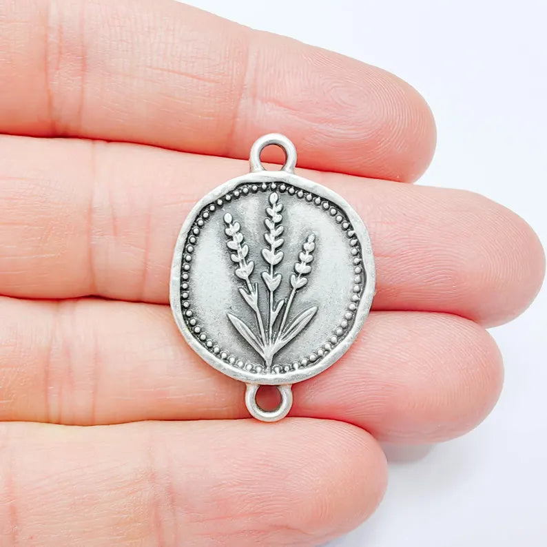Lavender Flower Connector Charm, Botanical Floral Design, Antique Silver Plated, Oval Shape, 34x24mm, G37787