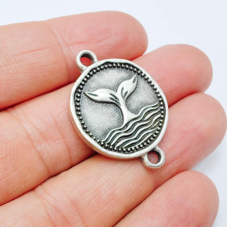 Whale Tail Charm Connector, Ocean Wave Symbol Design, Antique Silver Plated 34x24mm, G37790