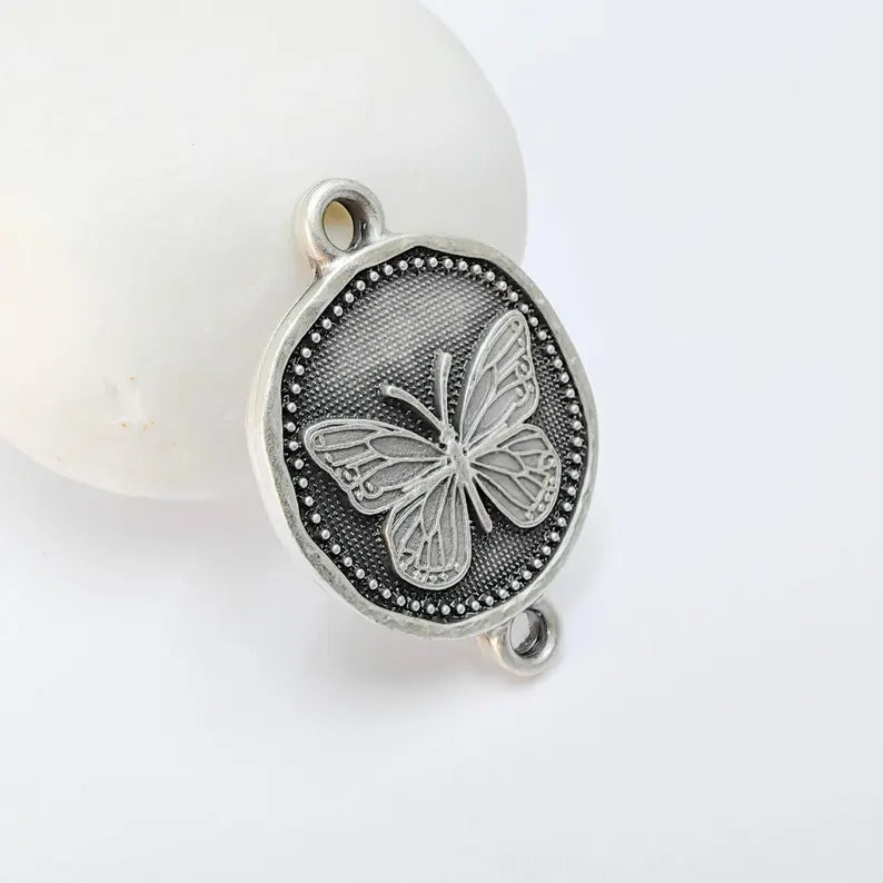 Butterfly Connector Charm, Insect Nature Design, Antique Silver Plated, Round Shape, 34x24mm, G37792