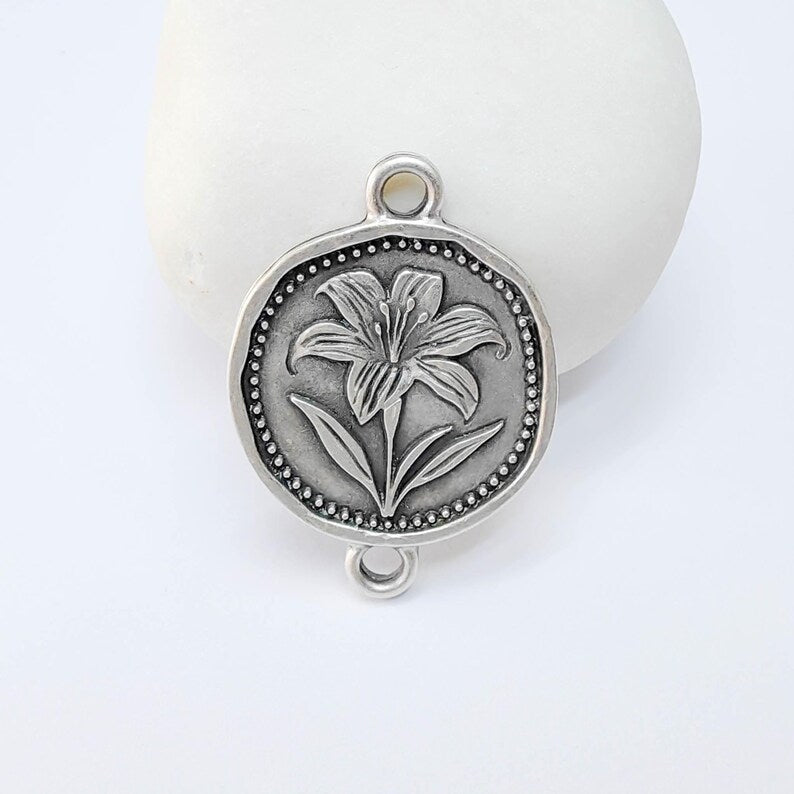 Lily Flower Charm Connector, Round Botanical Floral Design, Antique Silver Plated, 34x24mm, G37793
