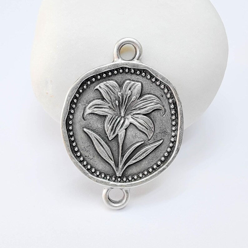 Lily Flower Charm Connector, Round Botanical Floral Design, Antique Silver Plated, 34x24mm, G37793