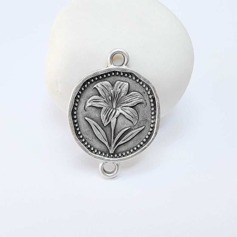 Lily Flower Charm Connector, Round Botanical Floral Design, Antique Silver Plated, 34x24mm, G37793