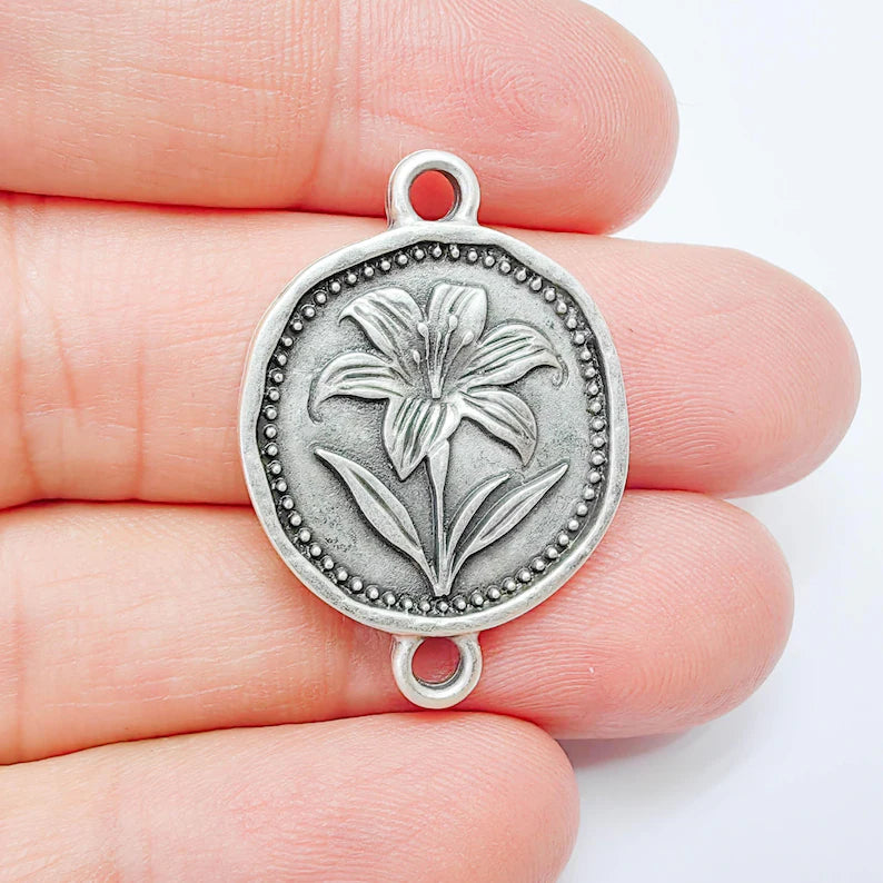 Lily Flower Charm Connector, Round Botanical Floral Design, Antique Silver Plated, 34x24mm, G37793