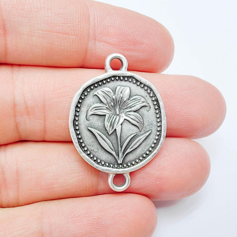 Lily Flower Charm Connector, Round Botanical Floral Design, Antique Silver Plated, 34x24mm, G37793