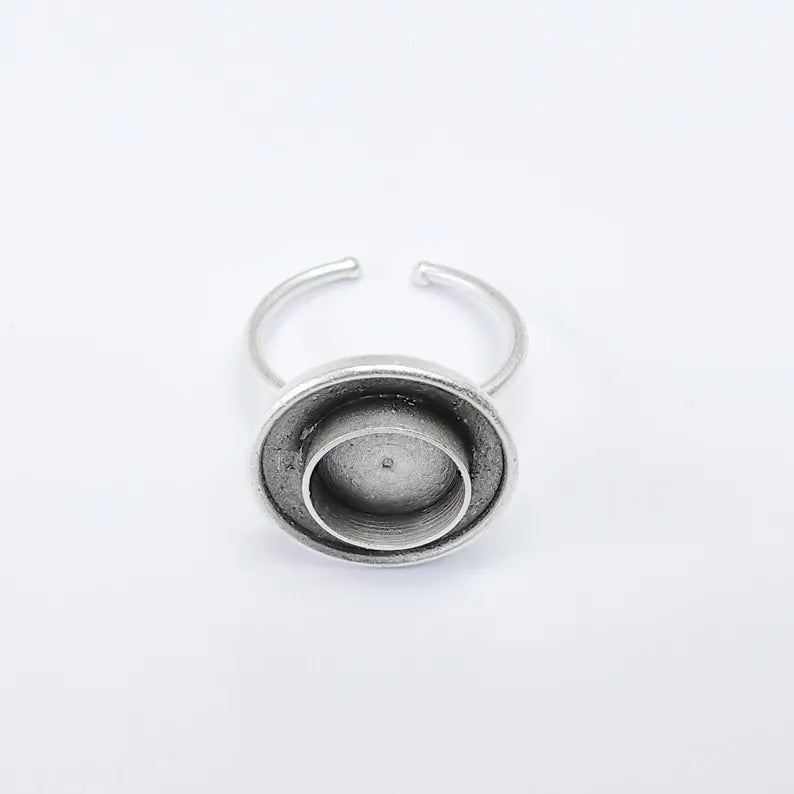 Adjustable Ring Base with Round Bezel, Layered Design, 10mm Antique Silver Plated G37799