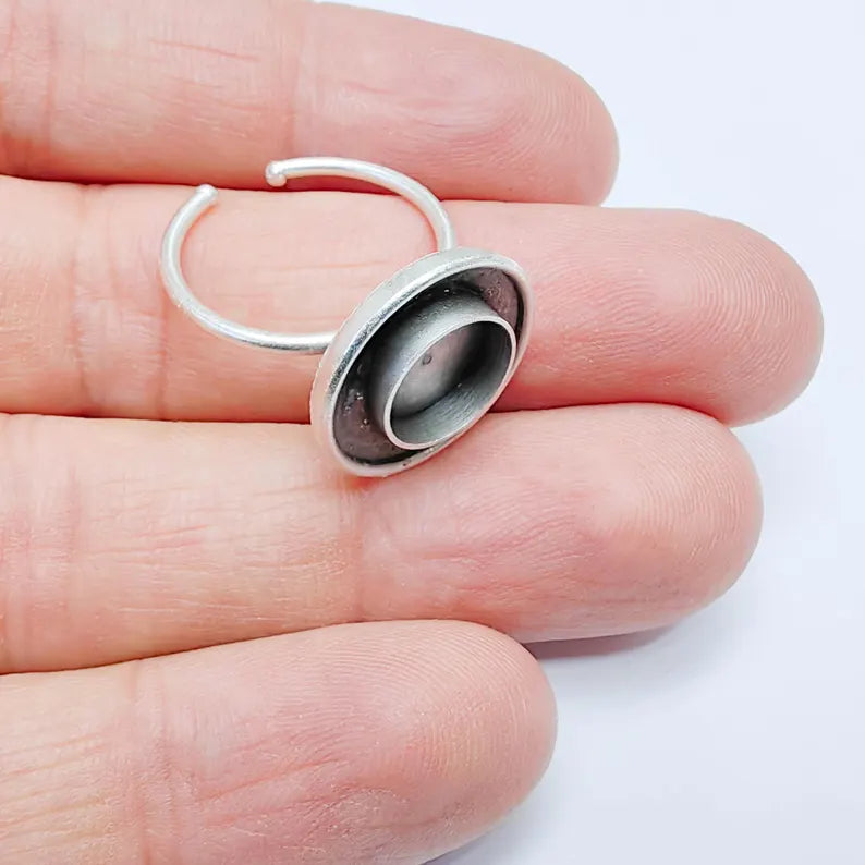 Adjustable Ring Base with Round Bezel, Layered Design, 10mm Antique Silver Plated G37799