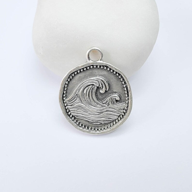 Ocean Wave Charm Pendant, Textured Sea, Antique Silver Plated, Round Shape, 28x24mm, G37802