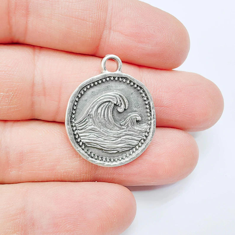 Ocean Wave Charm Pendant, Textured Sea, Antique Silver Plated, Round Shape, 28x24mm, G37802
