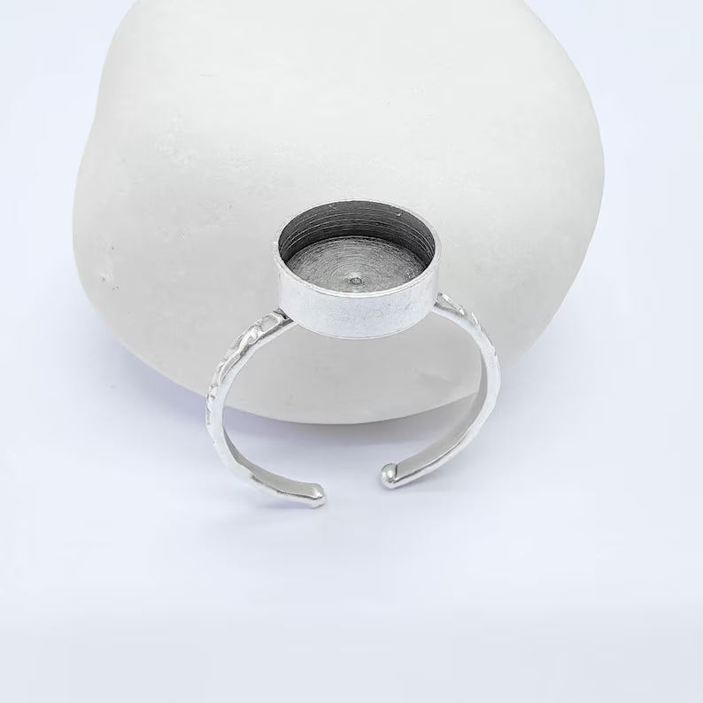 Adjustable Ring Base with Round Bezel, Textured Band, Antique Silver Plated Brass, 10mm, G37803