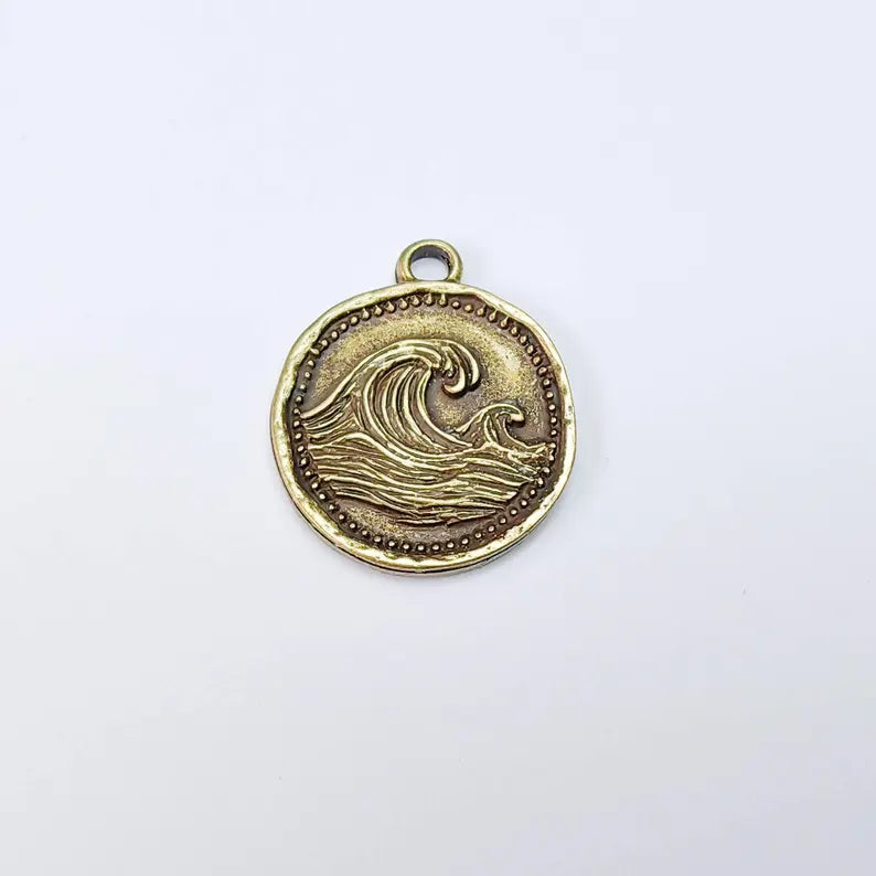Ocean Wave Charm Pendant, Textured Sea, Antique Bronze Plated, Round Shape, 28x24mm, G37813
