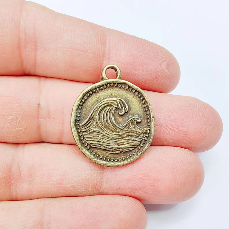 Ocean Wave Charm Pendant, Textured Sea, Antique Bronze Plated, Round Shape, 28x24mm, G37813
