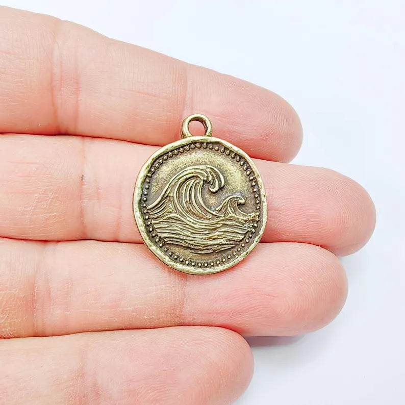 Ocean Wave Charm Pendant, Textured Sea, Antique Bronze Plated, Round Shape, 28x24mm, G37813