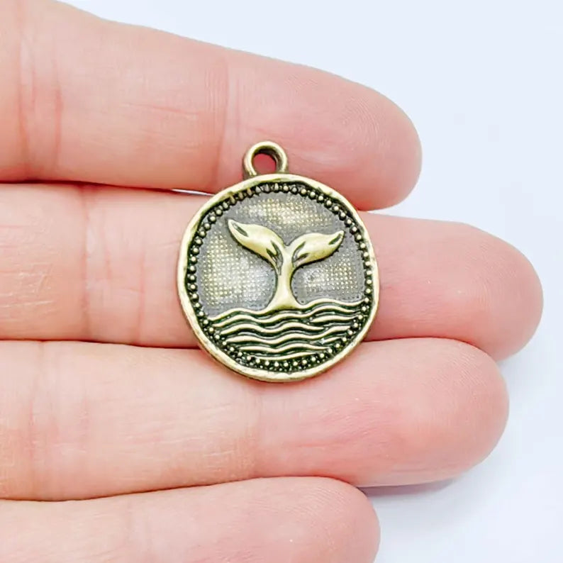 Whale Tail Charm Pendant, Ocean Symbol Coin Design, Antique Bronze Plated, 29x24mm, G37817