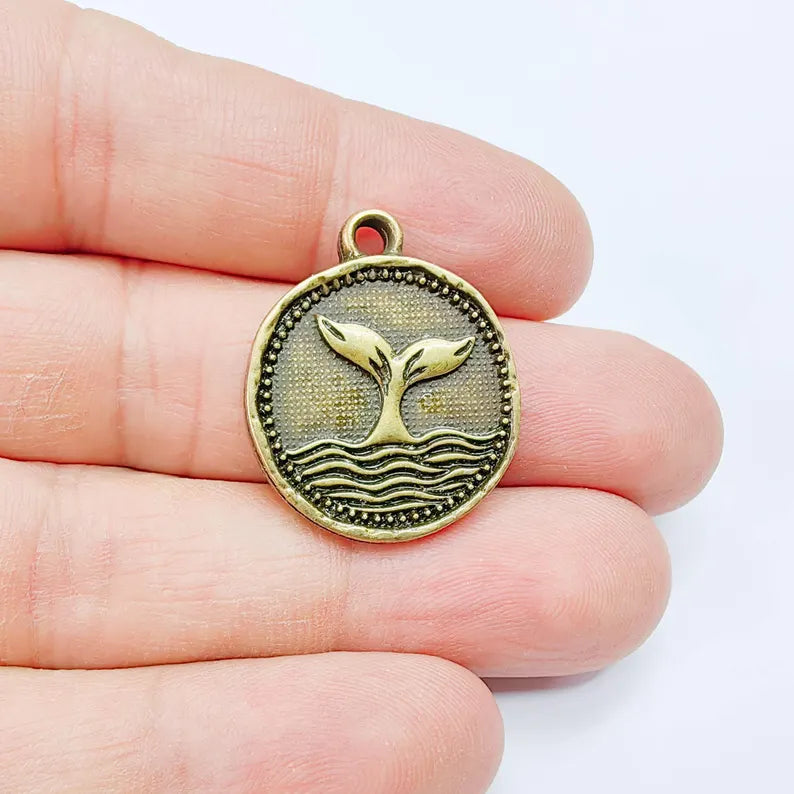 Whale Tail Charm Pendant, Ocean Symbol Coin Design, Antique Bronze Plated, 29x24mm, G37817