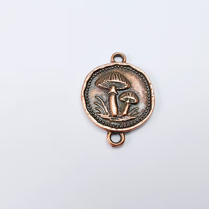 Mushroom Connector Charm, Botanical Nature Design, Antique Copper Plated, Round Shape, 34x24mm, G37820