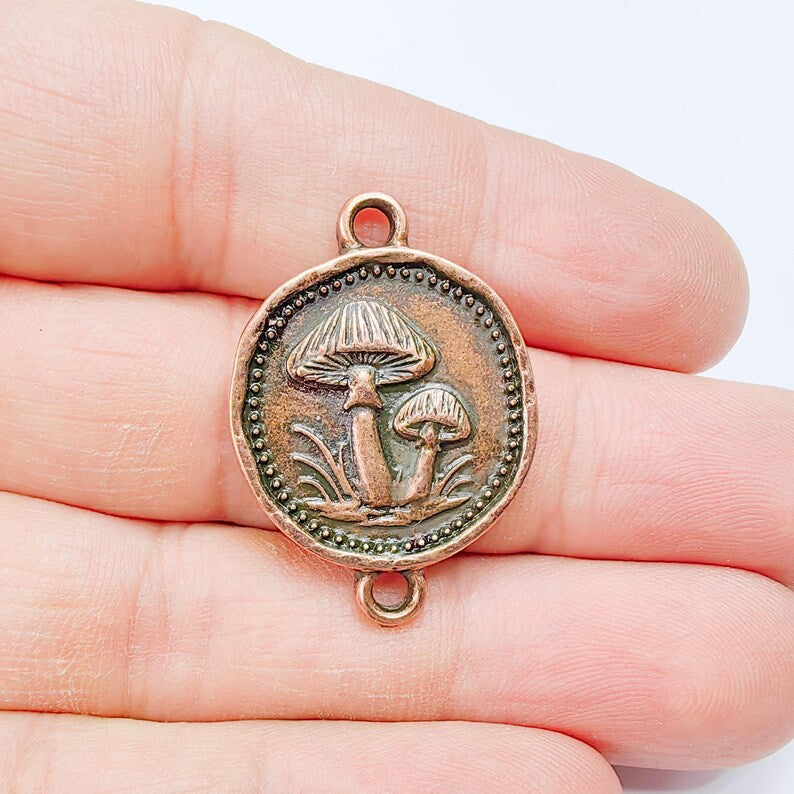 Mushroom Connector Charm, Botanical Nature Design, Antique Copper Plated, Round Shape, 34x24mm, G37820