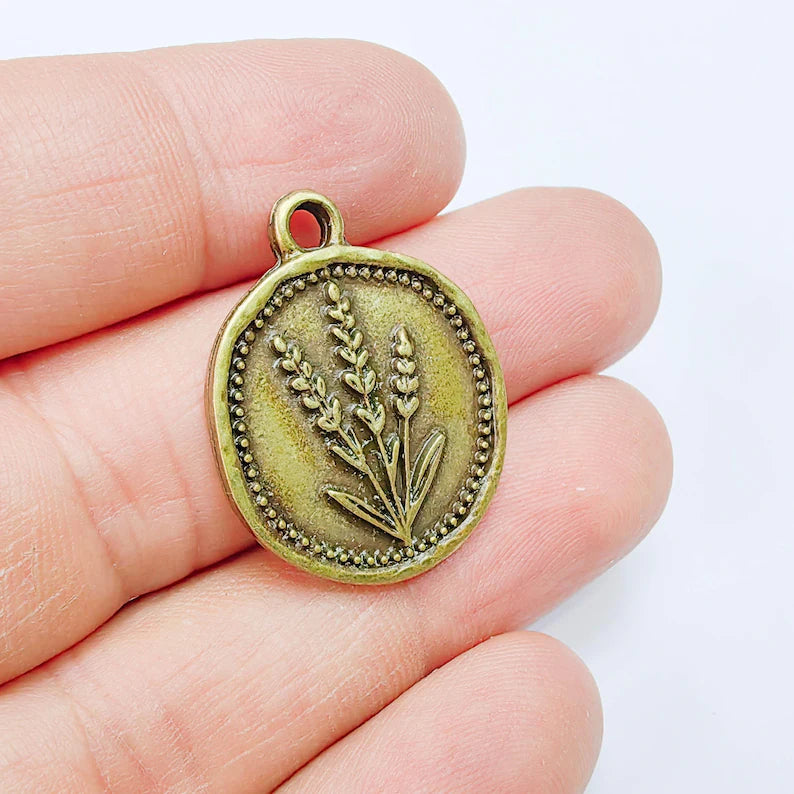 Lavender Flower Charm Pendant, Botanical Floral Design, Antique Bronze Plated, Round Shape, 28x24mm, G37825