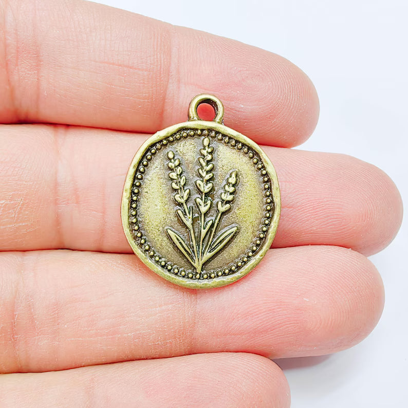 Lavender Flower Charm Pendant, Botanical Floral Design, Antique Bronze Plated, Round Shape, 28x24mm, G37825