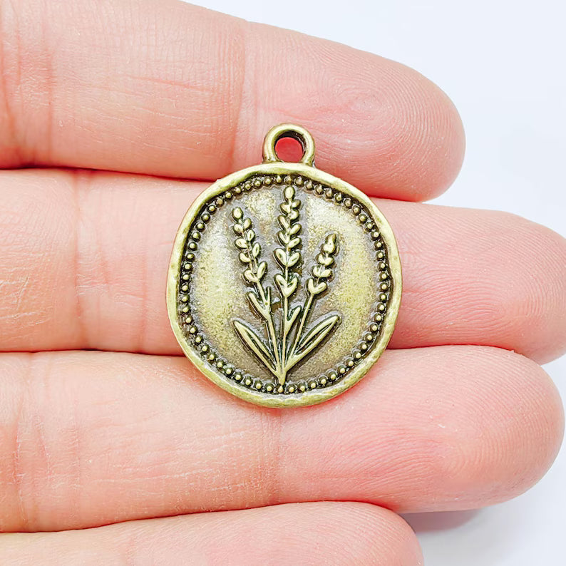 Lavender Flower Charm Pendant, Botanical Floral Design, Antique Bronze Plated, Round Shape, 28x24mm, G37825