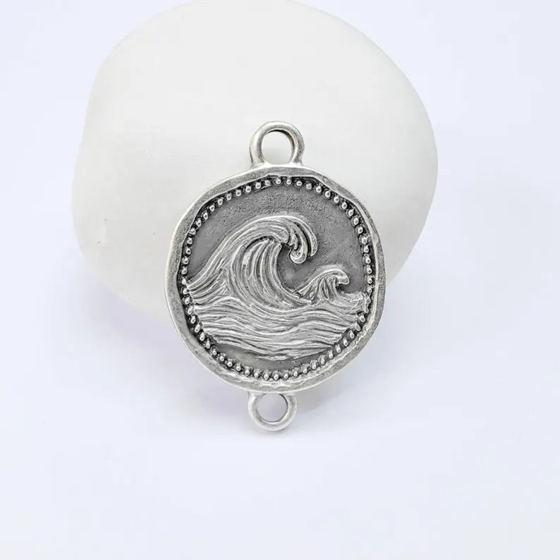 Ocean Wave Connector Charm, Sea Nature Design, Antique Silver Plated, Round Shape, 34x24mm, G37828