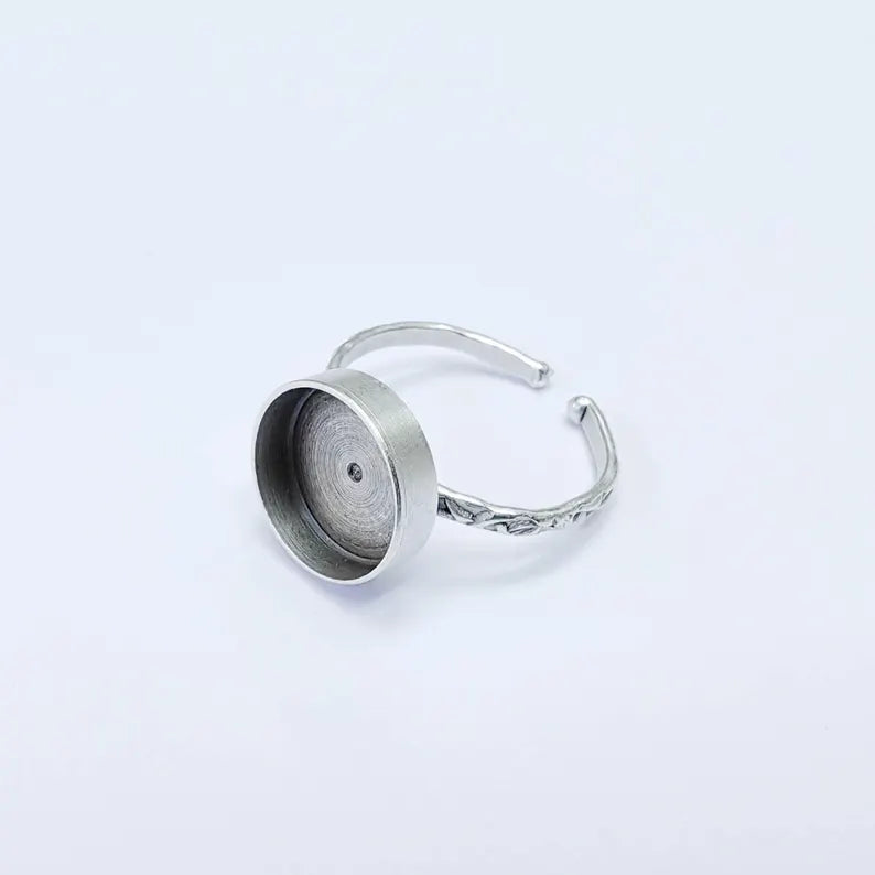 Adjustable Ring Base with Round Bezel Setting, Antique Silver Plated Brass, 12mm, G37795