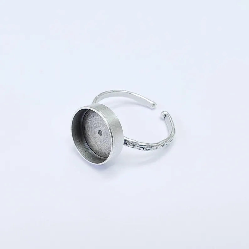 Adjustable Ring Base with Round Bezel Setting, Antique Silver Plated Brass, 12mm, G37795