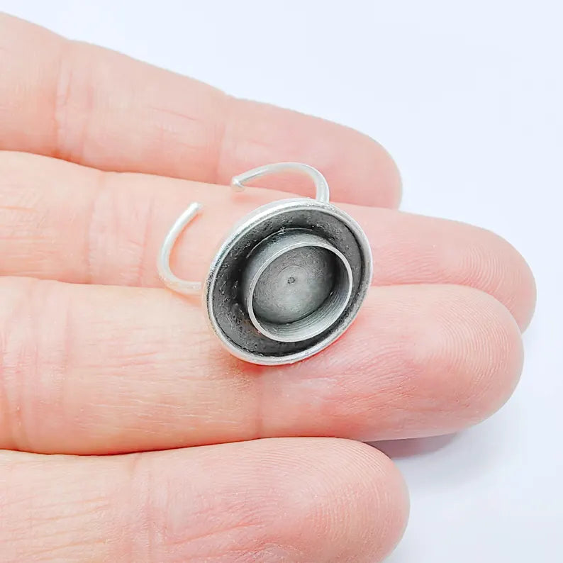 Adjustable Ring Base with Round Bezel, Layered Design, 10mm Antique Silver Plated G37799