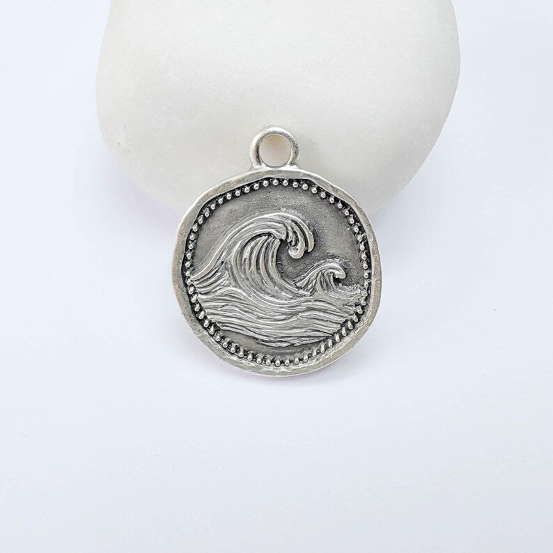 Ocean Wave Charm Pendant, Textured Sea, Antique Silver Plated, Round Shape, 28x24mm, G37802