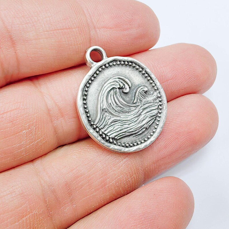 Ocean Wave Charm Pendant, Textured Sea, Antique Silver Plated, Round Shape, 28x24mm, G37802