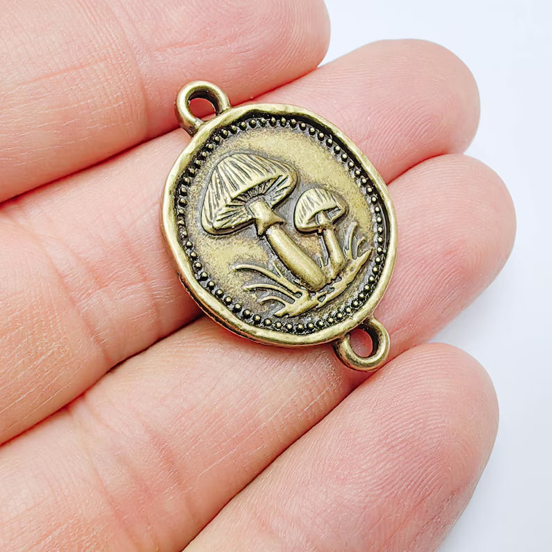 Mushroom Connector Charm, Botanical Nature Design, Antique Bronze Plated, Round Shape, 34x24mm, G37804