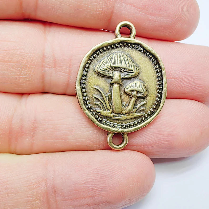 Mushroom Connector Charm, Botanical Nature Design, Antique Bronze Plated, Round Shape, 34x24mm, G37804