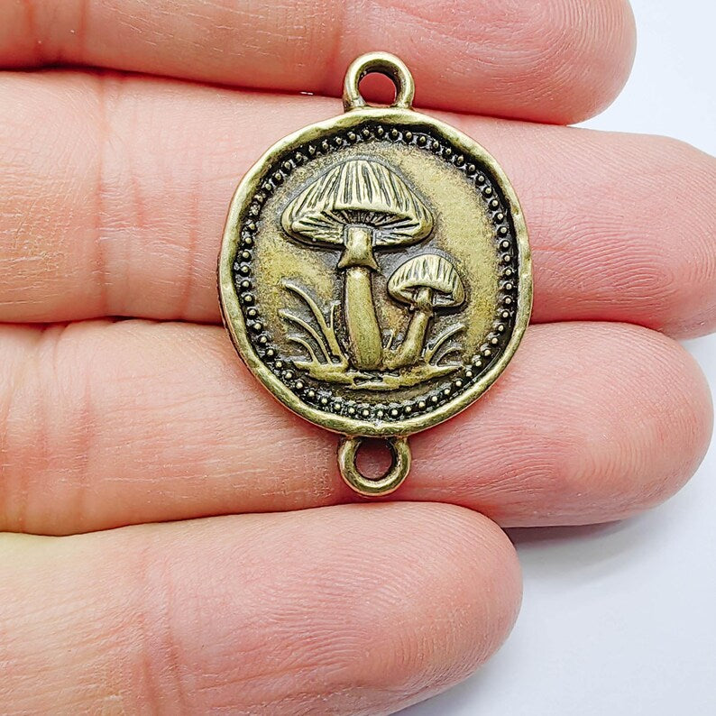 Mushroom Connector Charm, Botanical Nature Design, Antique Bronze Plated, Round Shape, 34x24mm, G37804