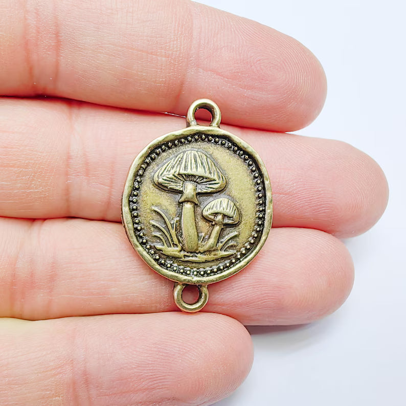Mushroom Connector Charm, Botanical Nature Design, Antique Bronze Plated, Round Shape, 34x24mm, G37804