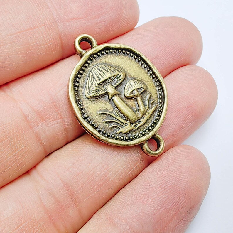 Mushroom Connector Charm, Botanical Nature Design, Antique Bronze Plated, Round Shape, 34x24mm, G37804