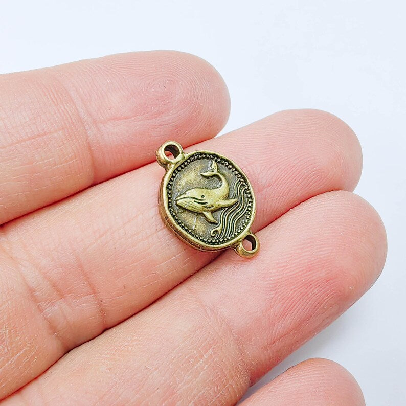4 Whale Charm Connector, Double Sided Ocean Symbol Design, Antique Bronze Plated, 19x13mm, G37806