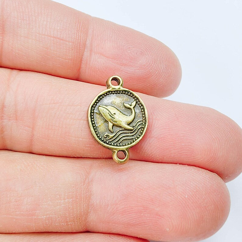 4 Whale Charm Connector, Double Sided Ocean Symbol Design, Antique Bronze Plated, 19x13mm, G37806