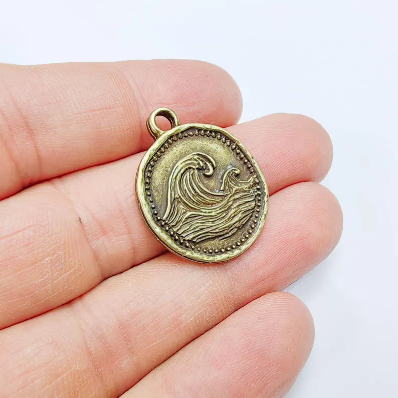 Ocean Wave Charm Pendant, Textured Sea, Antique Bronze Plated, Round Shape, 28x24mm, G37813