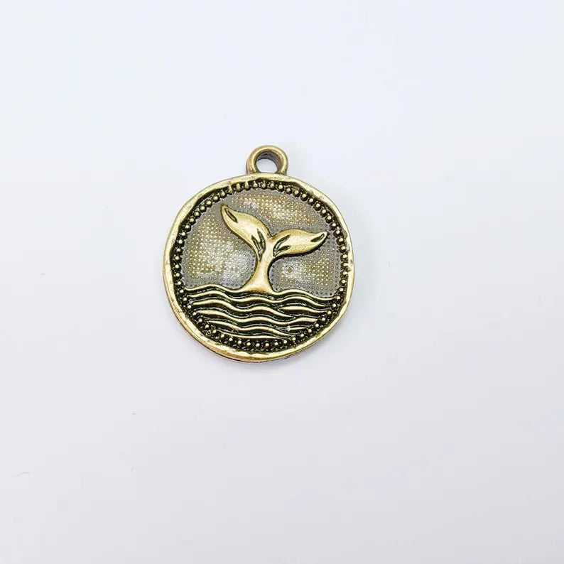 Whale Tail Charm Pendant, Ocean Symbol Coin Design, Antique Bronze Plated, 29x24mm, G37817