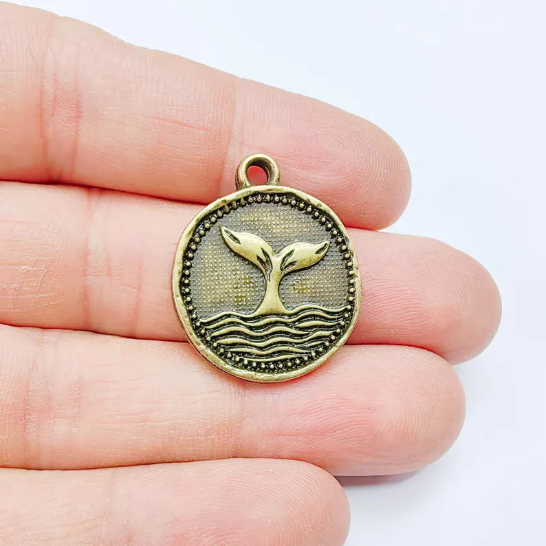 Whale Tail Charm Pendant, Ocean Symbol Coin Design, Antique Bronze Plated, 29x24mm, G37817