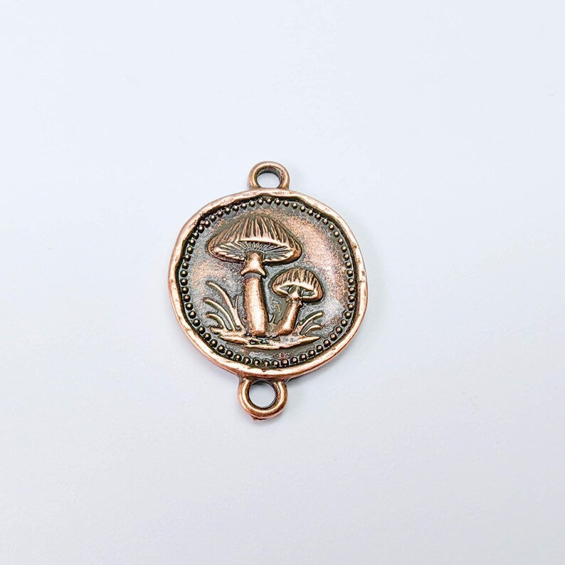 Mushroom Connector Charm, Botanical Nature Design, Antique Copper Plated, Round Shape, 34x24mm, G37820