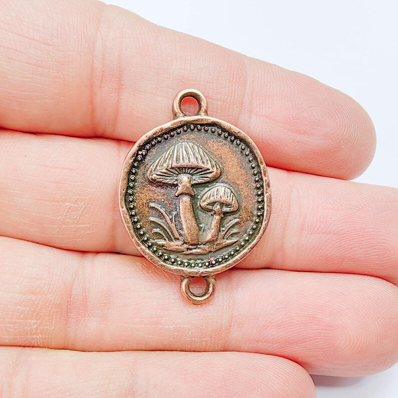 Mushroom Connector Charm, Botanical Nature Design, Antique Copper Plated, Round Shape, 34x24mm, G37820