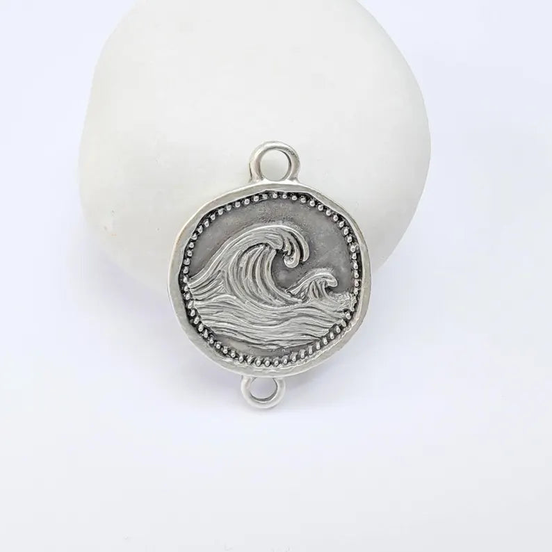 Ocean Wave Connector Charm, Sea Nature Design, Antique Silver Plated, Round Shape, 34x24mm, G37828