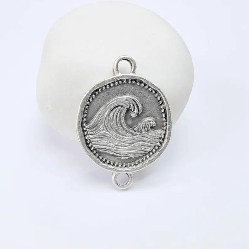 Ocean Wave Connector Charm, Sea Nature Design, Antique Silver Plated, Round Shape, 34x24mm, G37828